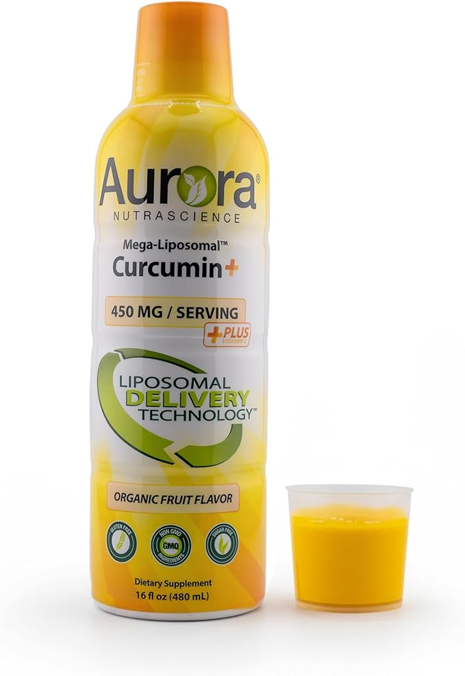 Aurora Nutrascience Mega-Liposomal Curcumin+ Vitamin C with CurcuVail Supports Healthy Joints Muscles GI Tract and Brain Organic Non-GMO 450mg per Serving 16 fl oz