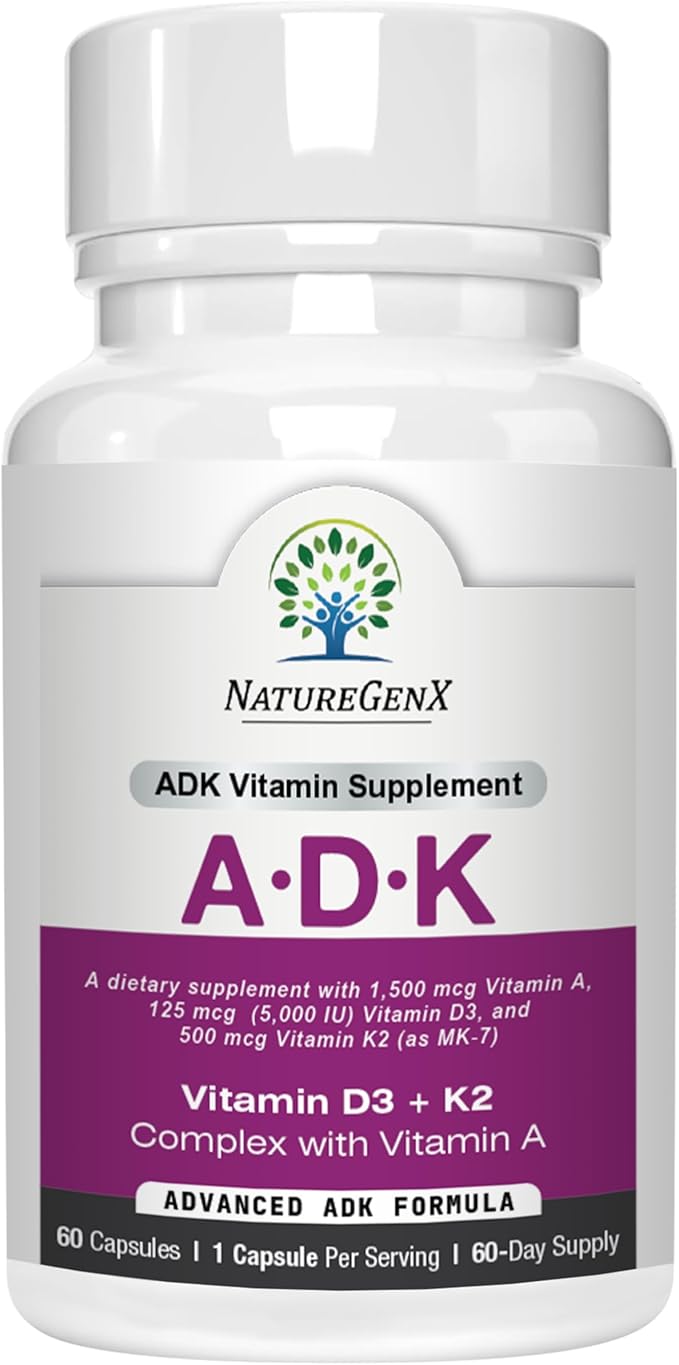 NatureGenX ADK Vitamin Supplement – Vitamins A D3 &amp K2 MK-7 for Bone Health &amp Calcium Absorption – Gluten-Free Non-GMO Soy-Free – 60 Capsules (2-Month Supply)