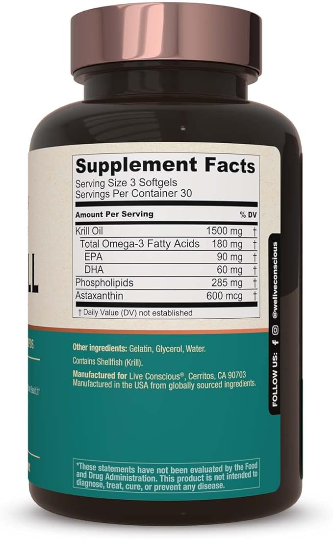 Live Conscious KrillWell Joint and Cognitive Support | Certified Sustainable Krill Oil 2X More Effective Than Fish Oil - 30 Day Supply