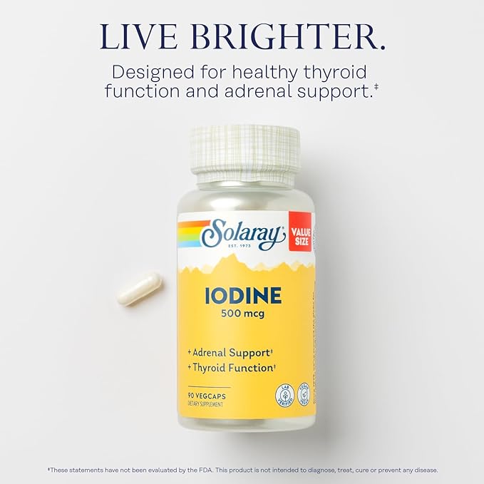 Solaray Iodine 500 mcg Iodine Supplement for Healthy Adrenal and Thyroid Support Energy Metabolism and Focus Potassium Iodide Vegan 60-Day Money-Back Guarantee 90 Servings 90 VegCaps