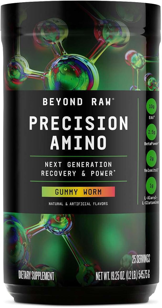 BEYOND RAW Precision Amino | Recovery &amp Power Amino Acid Formula | Fuel Muscles | Enhance Hydration | Gummy Worm | 25 Servings