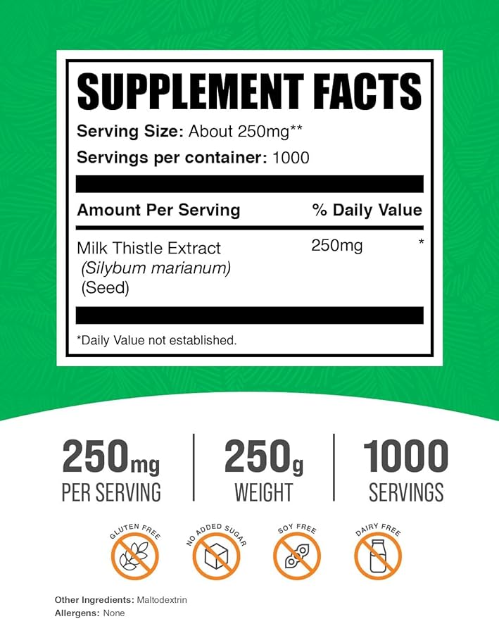BulkSupplements.com Milk Thistle Extract Powder - Herbal Supplement Milk Thistle Supplement - Gluten Free 250mg per Serving 250g (8.8 oz) (Pack of 1)