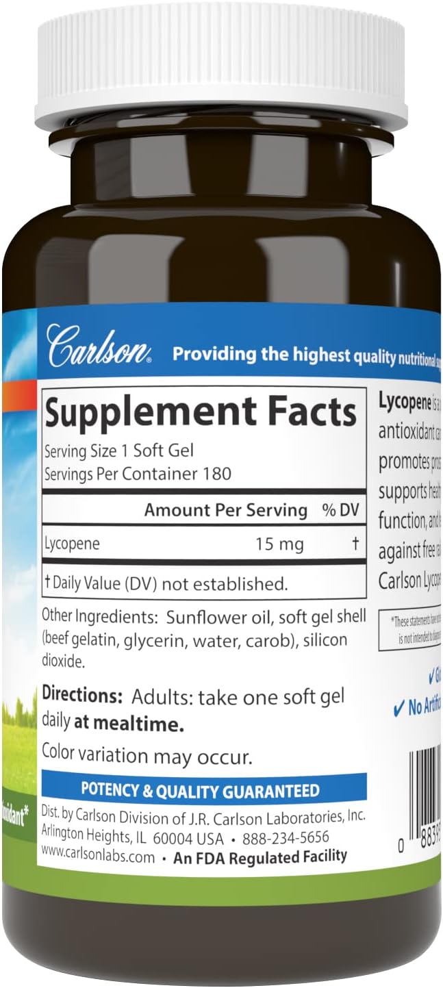 Carlson - Lycopene 15 mg Tomato-Free Prostate Health &amp Circulation Support Optimal Wellness 180 Softgels