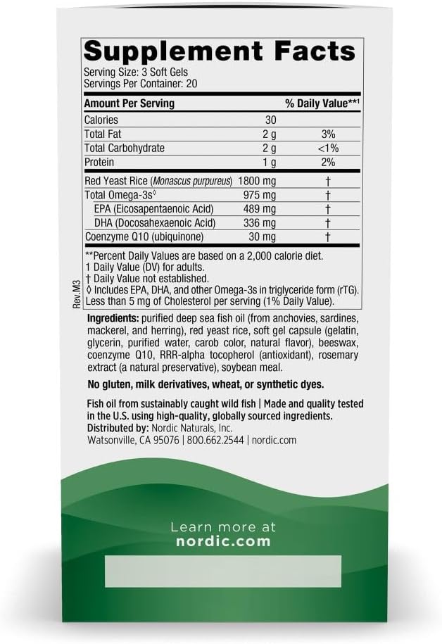 Nordic Naturals Cholesterol Support Lemon - 60 Soft Gels - 975 Omega-3 + Red Yeast Rice &amp CoQ10 - Normal Cholesterol Antioxidant Support - EPA &amp DHA - Non-GMO - 20 Servings