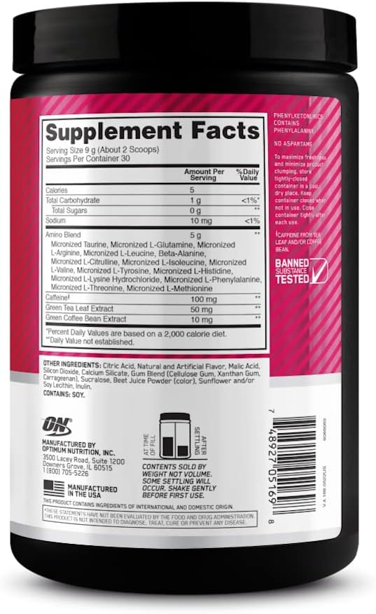 Optimum Nutrition Amino Energy - Pre Workout with Green Tea BCAA Amino Acids Keto Friendly Green Coffee Extract Energy Powder - Strawberry Lime 9.5 Ounce 30 Servings (Packaging May Vary)