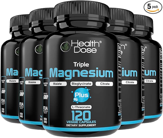 Health Dose Triple Magnesium Complex 1000 mg | L-Threonate Bisglycinate Citrate &amp Malate Blend | Support for Muscle Relaxation Sleep &amp Cognitive Function | 120 Capsules | All-in-One Formula