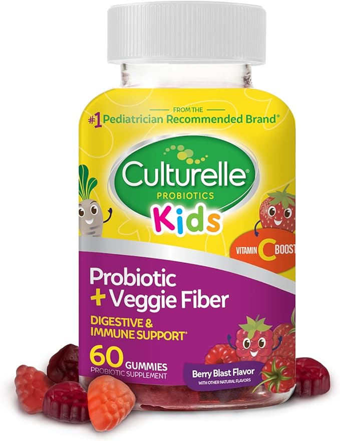 Culturelle Kids Probiotic Gummies for Ages 2+ - Peach-Orange &amp Mixed Berry Flavors &amp Daily Probiotic for Kids + Veggie Fiber Gummies (Ages 3+) - 60 Count - Digestive