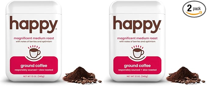happy coffee medium roast ground coffee 12 oz. notes of berries &amp optimism recyclable container grown &amp harvested in Brazil &amp Colombia raíz sustainability verified (Pack of 2)