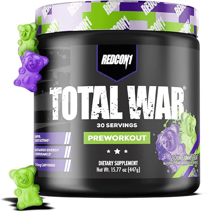 REDCON1 Total War Pre Workout Sour Gummy Bear - Fast Acting Caffeinated Preworkout for Men + Women with Beta Alanine - Contains Citrulline Malate for Increased Pump Blood Flow (30 Servings)