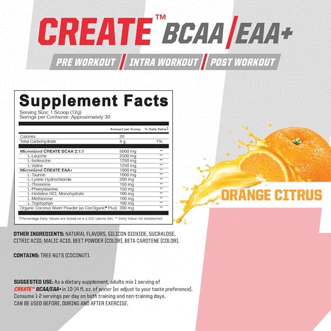 Undefined Nutrition Create BCAA/EAA+ by Brian Shaw -Muscle Recovery &amp Endurance 6.8g BCAA/EAA Matrix -Full Spectrum BCAA + Essential Amino Acids Supplement – 30 Servings (127 oz Orange Citrus)
