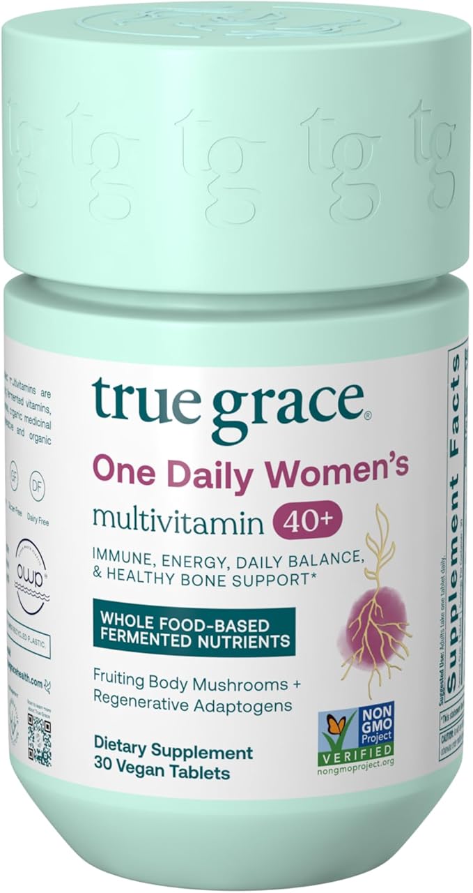 True Grace One Daily Women’s Multivitamin 40+ Fermented Minerals Organic Adaptogens &amp Mushrooms Energy Immune Bone Support - Non-GMO - Iron Gluten &amp Soy Free - 30 Vegan Tablets