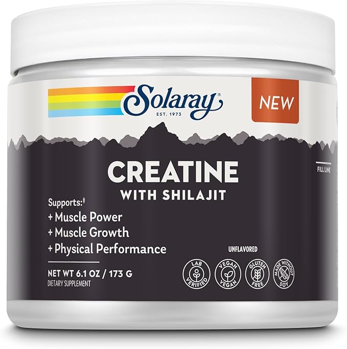 SOLARAY Creatine with Shilajit – Muscle Power and Growth Support with Creatine Monohydrate and L-Leucine Amino Acids – Unflavored Powder – Vegan Gluten Free – 30 Servings 6.1 OZ