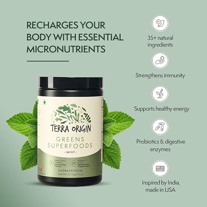 TERRA ORIGIN Healthy Superfood Greens Powder Drink with Probiotics &amp Ashwagandha | Adaptogen &amp Digestive Enzyme Fruit and Veggie Blend | for Gut Health Energy Immune Support* | 30 Servings |