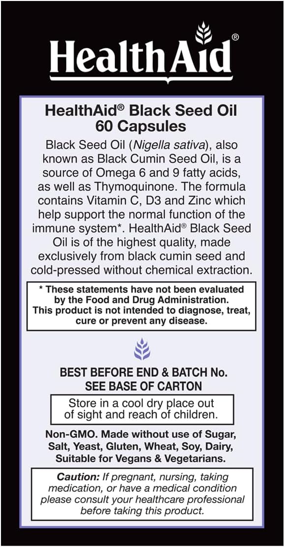 HealthAid Black Seed Oil Capsules 1000mg 60 Count Cold-Pressed with Vitamin C D Zinc for General Health and Wellbeing Vegan Rich in Thymoquinone