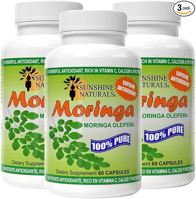 Sunshine Naturals Moringa Dietary Supplement. Immune System Aid Energy Booster Antioxidant Support and Nutrient-Rich Superfood. Promotes Digestion and Heart Health. 120 Capsules. Pack of 3