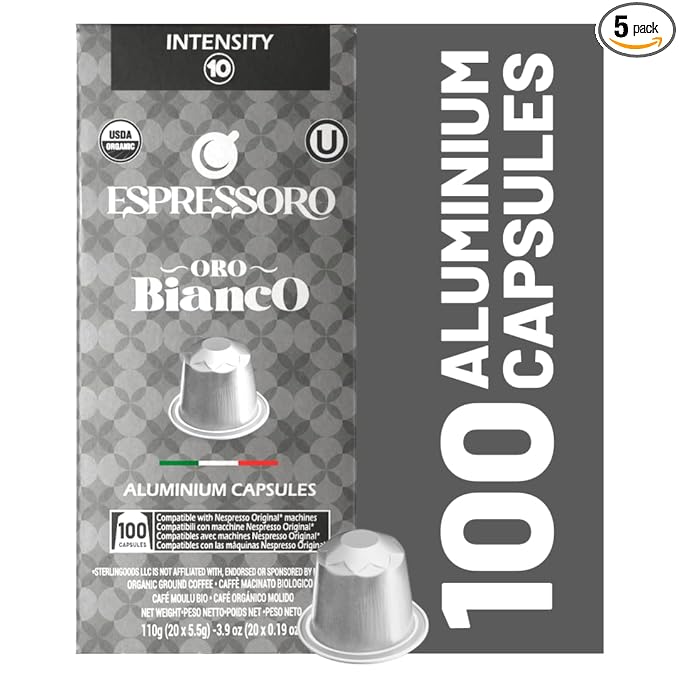 ESPRESSORO 100 USDA Organic Espresso Pods - BIANCO Aluminum Capsule Compatible with Nespresso Original Lines Machines. Intensity 10 Premium Italian Expresso Coffee Capsules