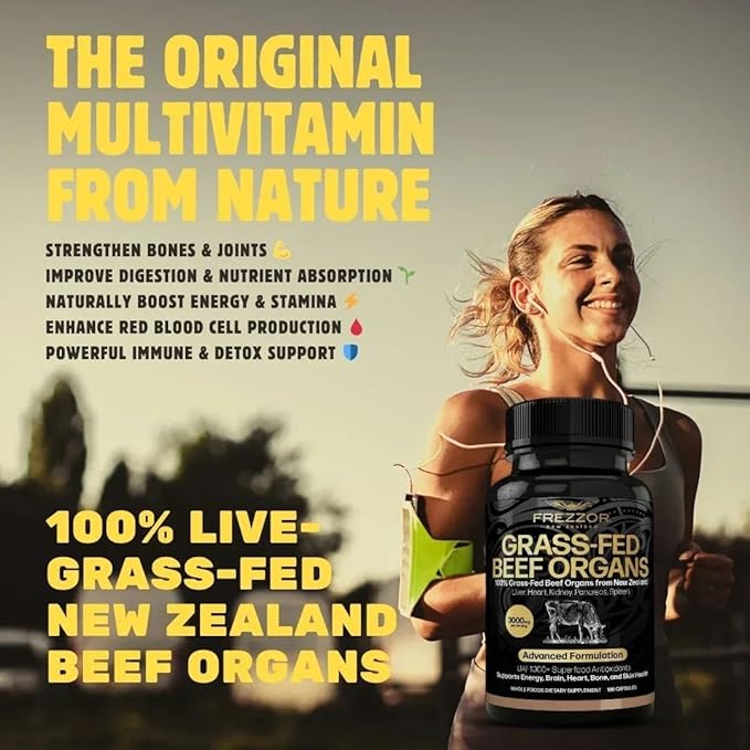 FREZZOR New Zealand 100% Live-Grass-Fed Beef Organs Complex Supports Whole Body Wellness and Energy with Proprietary Blend of Liver Heart Kidney Pancreas &amp Spleen Non-GMO 3000mg 1080 Capsul