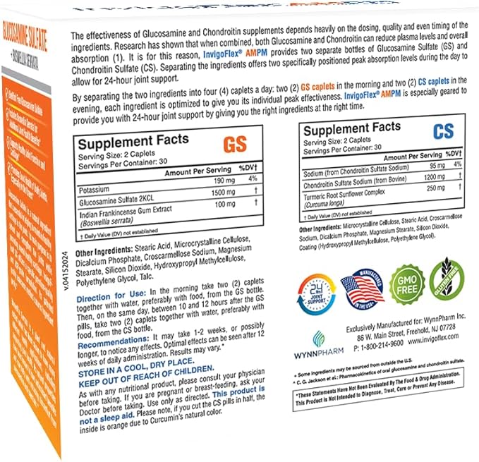 INVIGOFLEX® AMPM - Glucosamine &amp Chondroitin Sulfate - Turmeric Curcumin - Boswellia Serrata (Non GMO) for Knees Hands Back and Hip 24 - Hour Premium Joint Supplement