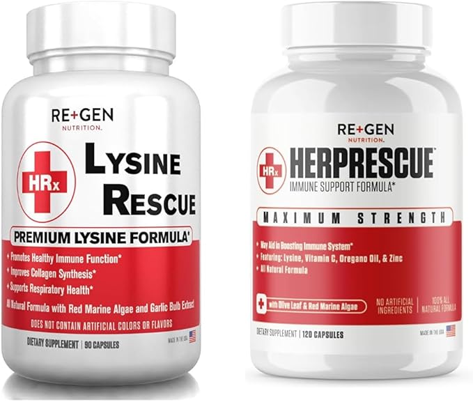 Re+Gen Nutrition Outbreak Support Supplement Cold Sore &amp Lysine Rescue Immune Health Capsules Natural Support for Adults Zinc Vitamin C L-lysine Amino Acid Lips &amp Skin Health 120 &amp 9