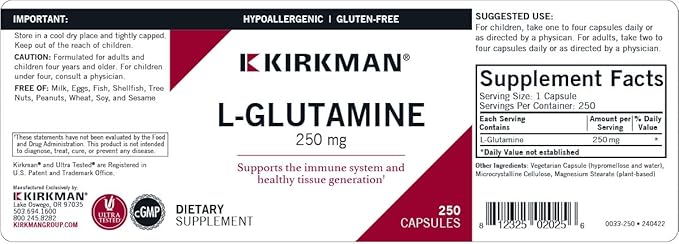 Kirkman L-Glutamine 250 mg - Hypoallergenic | 250 Vegetarian Capsules | Amino Acid | Gluten and Casein Free