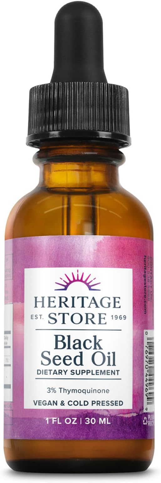 HERITAGE STORE Black Seed Oil w/ 3% Thymoquinone Omega 6 9 - Nigella Sativa Liquid Oil Cold Pressed from Black Seeds Joints Digestion and Immune Support Vegan 60-Day Guarantee 30 Serv 1 fl oz