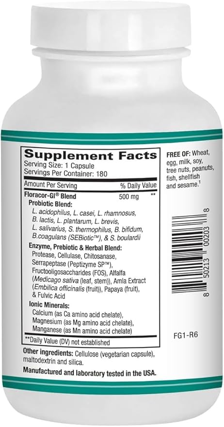 Floracor-GI Candida Cleanse Probiotic and Enzyme Support Formula 180 Capsules