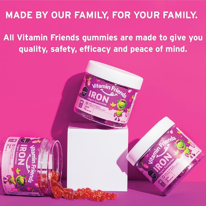 Vitamin Friends - Vegan Multivitamin &amp Iron for Kids - Daily Nutritional Support Gummies w/Ferrous Fumarate B-Complex Vitamin C Zinc Biotin - Body Function &amp Anemia - Strawberry (60 Day Su