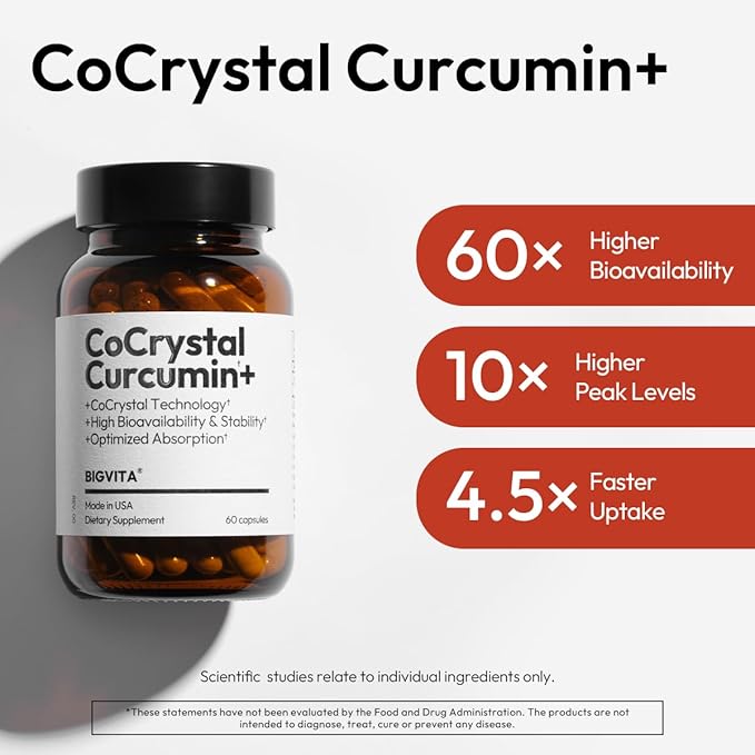 BIGVITA CoCrystal Curcumin+ | 60x Absorption with Curcumin &amp L-Carnitine | Dietary Supplement for Daily Wellness | 60 Capsules | Made in USA