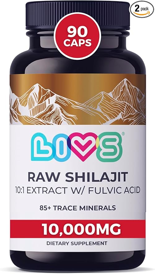 LIVS Raw Himalayan Shilajit Capsules - 1000mg per Serving - Concentrated 10:1 Extract with Fulvic Acid &amp 85+ Trace Minerals - Daily Energy &amp Immune Support - Vegan Non-GMO - 90 Count