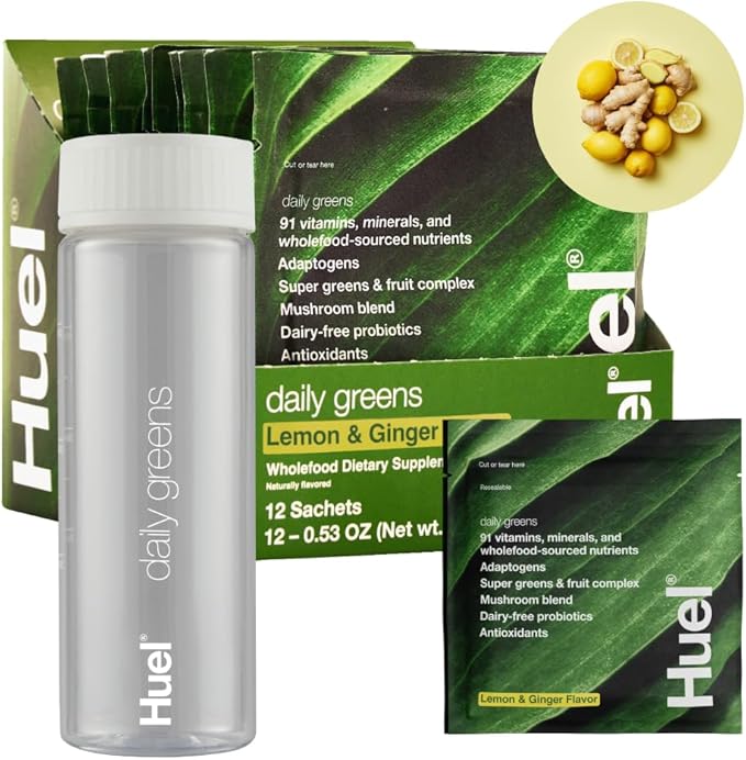 Huel Daily Greens Bundle | Single Serve Lemon and Ginger + Bottle | Superfood Greens Powder | 91 Vitamins Minerals and Wholefood-Sourced Ingredients | 12 Servings | Lockable Lid to Avoid Spills