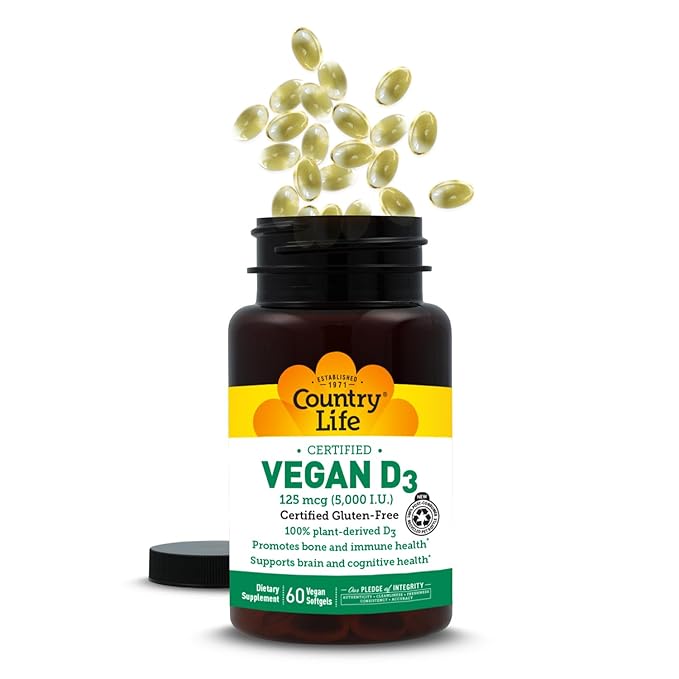 Country Life Vegan D3 5000 IU – Plant-Derived Vitamin D3 from Lichen – Certified Vegan Gluten-Free Non-GMO – Clean Simple Formula – 60 Softgels
