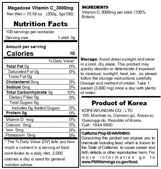 Korea MEGADOSE Vitamin C Powder 3000mg | Powder Type | 100s | High Content Vitamin 3g*100 Sticks (Total 300g)