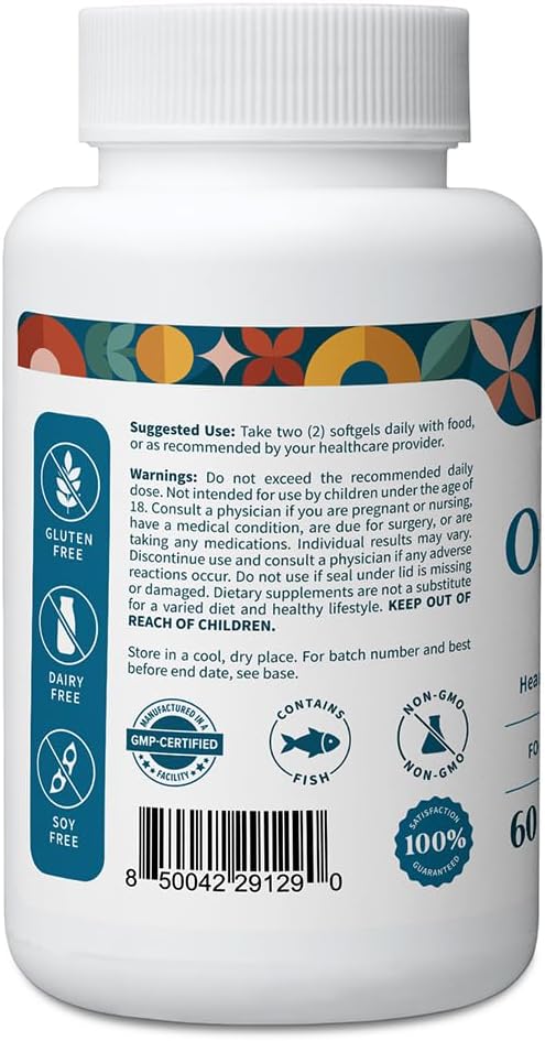 Pattern Wellness Omega 3 Softgels - Pure Fish Oil Formula - Helps Maintain Brain Heart &amp Joint Health - 3rd Party Lab Tested - Non-GMO Dairy-Free Gluten-Free - 60 Softgels