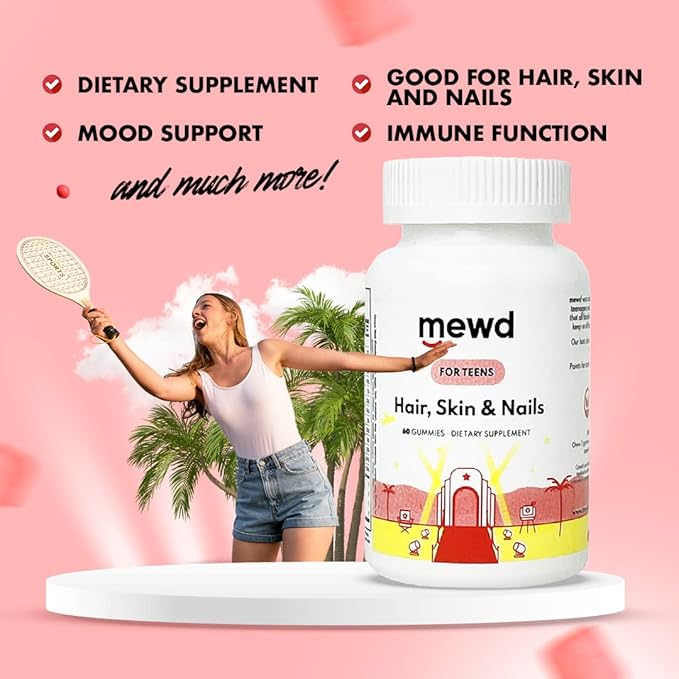 MEWD Teen and Kids Hair Skin &amp Nails Support Multivitamin Gummies - Biotin Strength &amp Growth with Zinc Vitamins A D3 B1 B2 B6 &amp B12 - Gluten-Free Non-GMO for Girls &amp Boys - 60 C