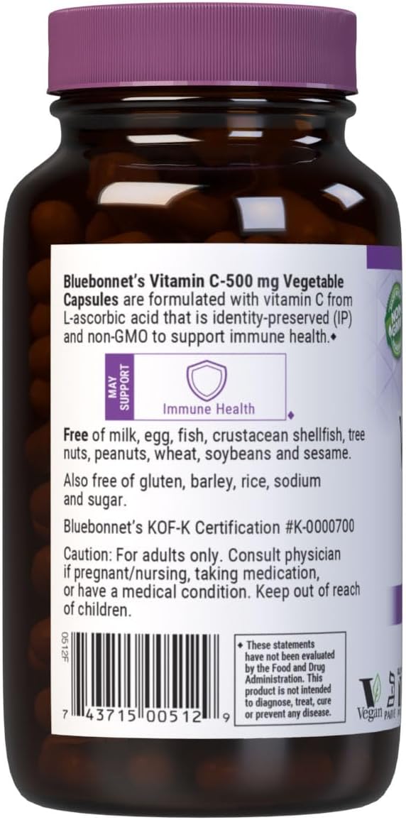 Bluebonnet Nutrition Vitamin C 500 mg Vegetable Capsules Ascorbic Acid for Immune Health &amp Skin Health Vegan Vegetarian Non GMO Gluten Free Soy Free Milk Free Kosher 180 Vegetable Capsul
