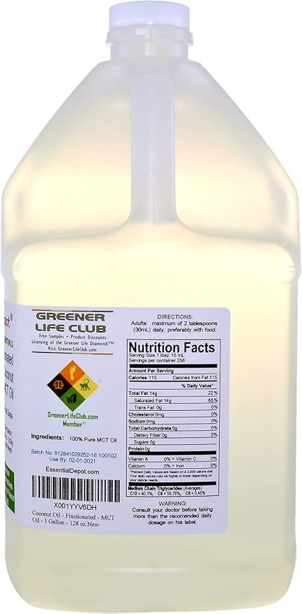 Coconut Oil - Fractionated - MCT (medium-chain triglycerides) - 1 Gallon (128 oz) - liquid - Food Grade - Safety Sealed Resealable HDPE Container Microwave Safe (remove foil seal) Freezer Safe