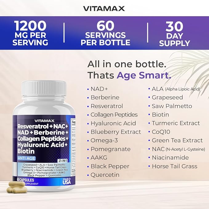 Vitamax Resveratrol NAD+ Berberine Hyaluronic Acid - Biotin Grape &amp Blueberry + NAC - Collagen Peptides - Hair Nail Skin &amp Joint Supplement - 21-in-1 Women and Men - Made in USA - 120 Count