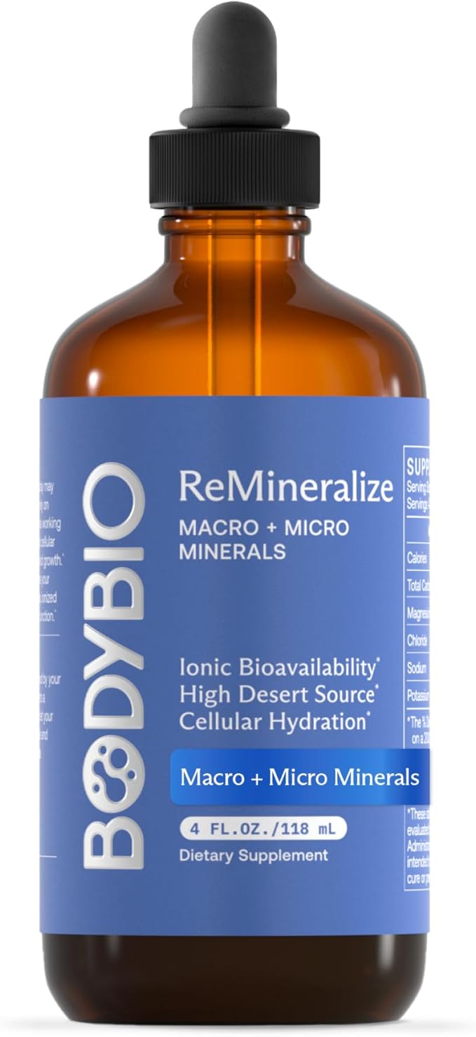 BodyBio ReMineralize - Concentrated Ionic Trace Minerals to Hydrate Detox and Revitalize Your Cells - Over 72 Bioavailable Trace Minerals for Rapid Absorption 4 Fl Oz
