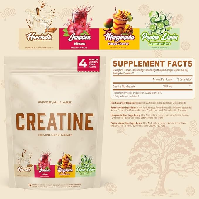 Primeval Labs Clean Creatine Monohydrate Powder | Flavored Powder for Muscle Strength &amp Recovery | Latin Aqua Fresca Flavors | Workout Supplement for Men &amp Women | 12 Servings | Variety Pack