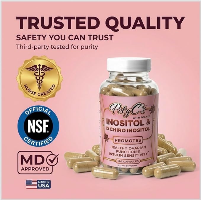 POLYC'S Inositol Supplement for Women - Myo-Inositol &amp D-Chiro Inositol Capsules 40:1 Ratio Hormone Balance Aid and Women's Menstrual Health Ovarian &amp Ovulation Support Vegan 120 Capsules