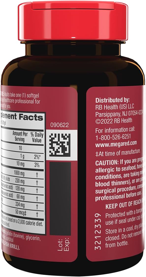 MegaRed Ultra Strength 1000mg Omega-3 Krill Oil Supplement with EPA/DHA Astaxanthin &amp Phospholipids No Fish Oil Aftertaste Supports Heart Brain Joint and Eye Health 60 Count Softgels.