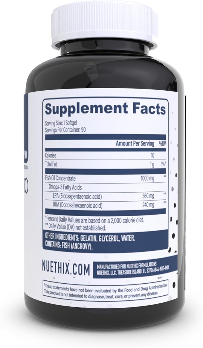 NuEthix Formulations Fatty Acids Pro EPA-DHA Fish Oil Dietary Supplement Super Concentrated and Purified Fish Oil Blend for Optimal Wellness 90 Gel Capsules