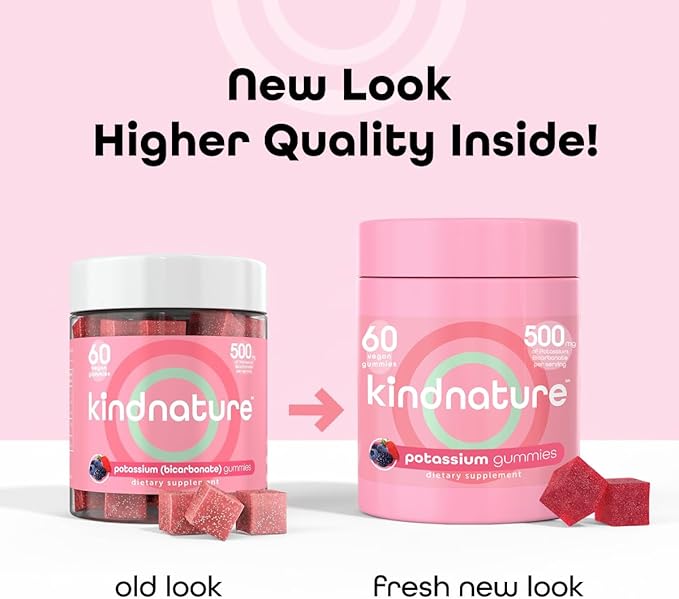 KINDNATURE High Potassium Gummies 500mg for Leg Cramps &amp Electrolyte Support - Chewable Pure Potassium Bicarbonate Supplement - Adults &amp Kids - Vegan Non GMO - 60 Gummies (30 Day Supply)
