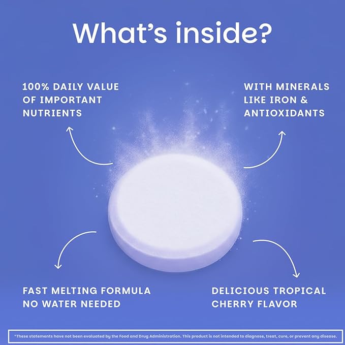 EZ Melts Multivitamin + Iron - Daily Multivitamin for Women &amp Men - Supports Healthy Energy Levels &amp Antioxidant Protection - Non-GMO &amp Vegan - Tropical Cherry - 60 Dissolvable Tablets (30