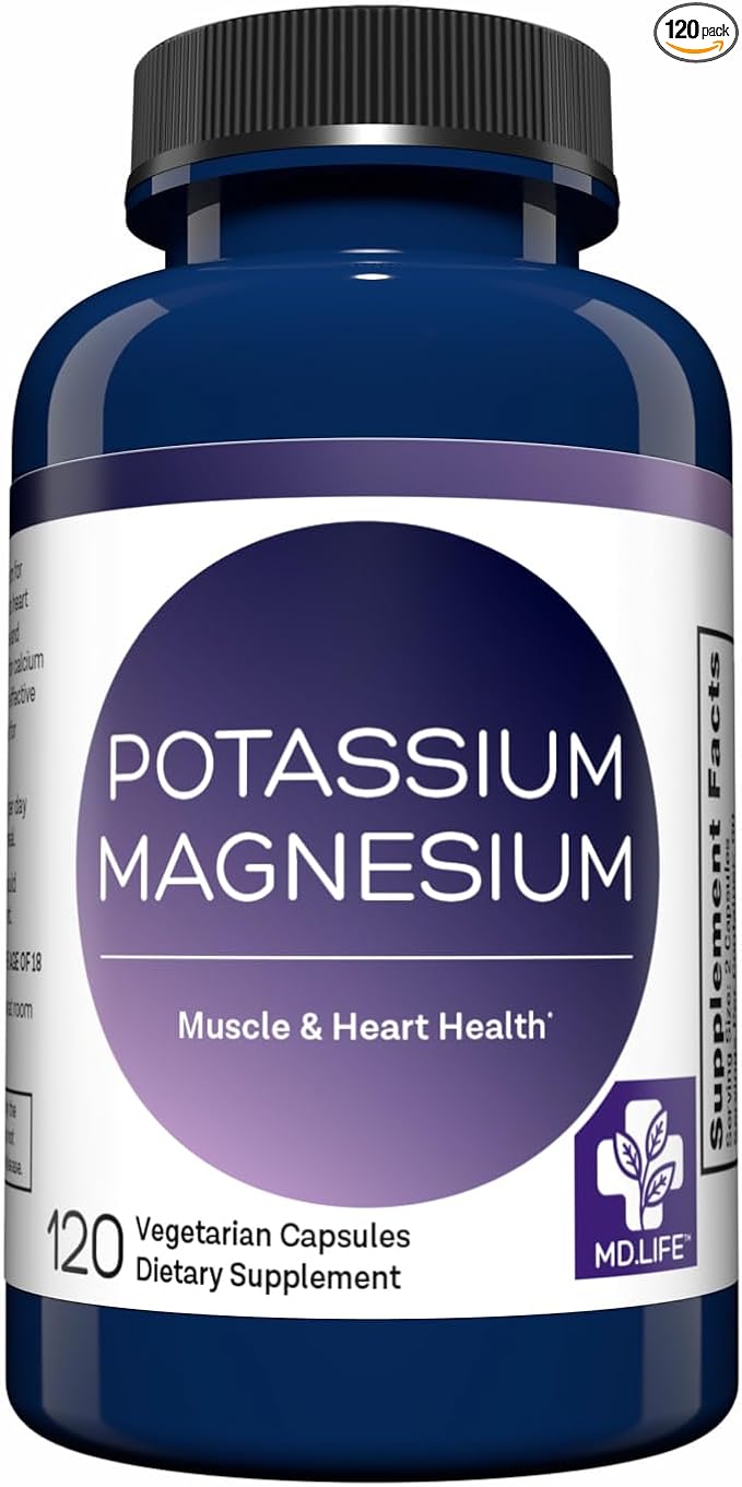 MD. Life Potassium Magnesium Supplement - 120 Capsules - Magnesium Potassium Supplement - High Absorption Complex - Support Vascular Health &amp Leg Cramp