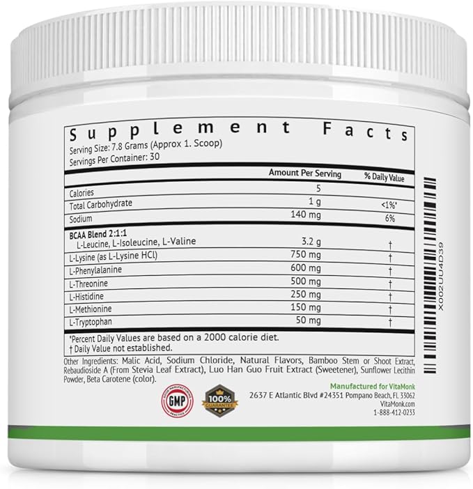 VitaMonk Clean EAA - EAAs with No Artificial Sweeteners for Pre-Workout Energy and Recovery - Max Bioavailable EAA Powder with 9 Essential Amino Acids - Natural Lemonade Flavor