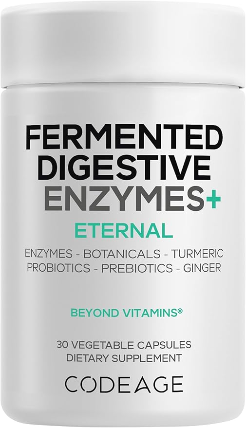 Codeage Fermented Digestive Enzymes Supplement - 14 Digestive Enzymes Probiotics Prebiotics Fermented Botanicals Plant-Based Multi Pancreatic Enzymes - 1 Capsule a Day - 30 Capsules