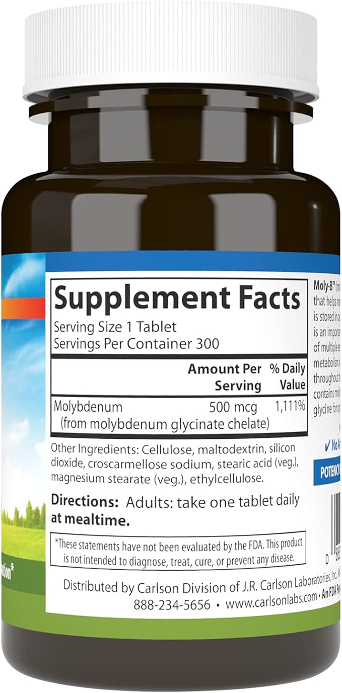 Carlson - Moly-B Chelated Molybdenum Supplements Metabolism Support &amp Enzyme Activation Molybdenum Glycinate Chelate 300 Vegetarian Tablets