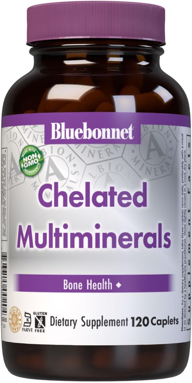 Bluebonnet Nutrition High Potency Chelated Multiminerals Albion Chelated Minerals Soy-Free Gluten-Free Non-GMO Kosher Certified Dairy-Free 120 Caplets 40 Servings