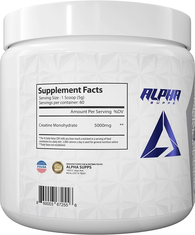 Alpha Supps - Alpha Creatine Monohydrate Powder Supports Muscle Growth | Micronized | Unflavored | 300 Grams - 60 Servings